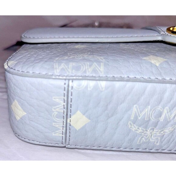 MCM Crossbody Purse Gray Leather Chic Preppy Designer Understated Gold Quiet Lux - Picture 12 of 15